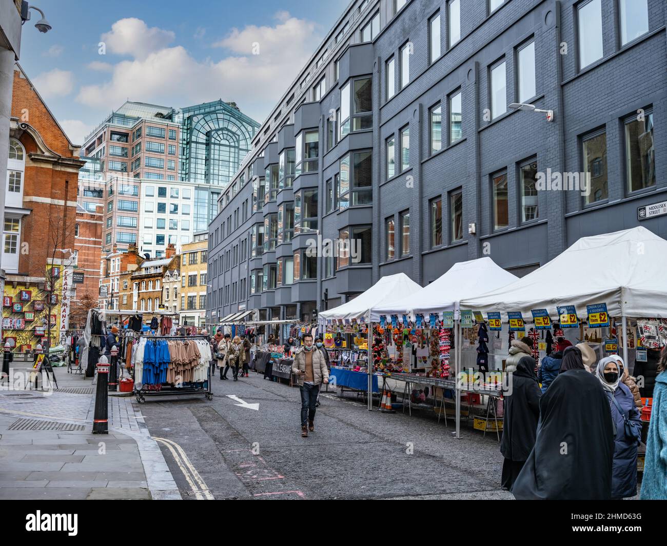 Pjucoat Lane Market, sur Middlesex Street, Londres. Banque D'Images