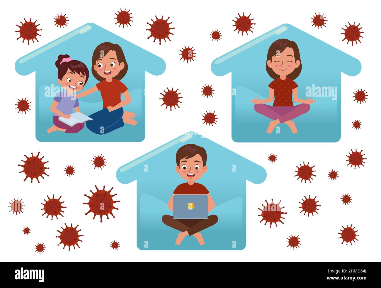 illustration de divers types d'activités réalisées à la maison ou d'auto-isolement en raison de la pandémie, comme jouer avec vos enfants, travailler, an Illustration de Vecteur