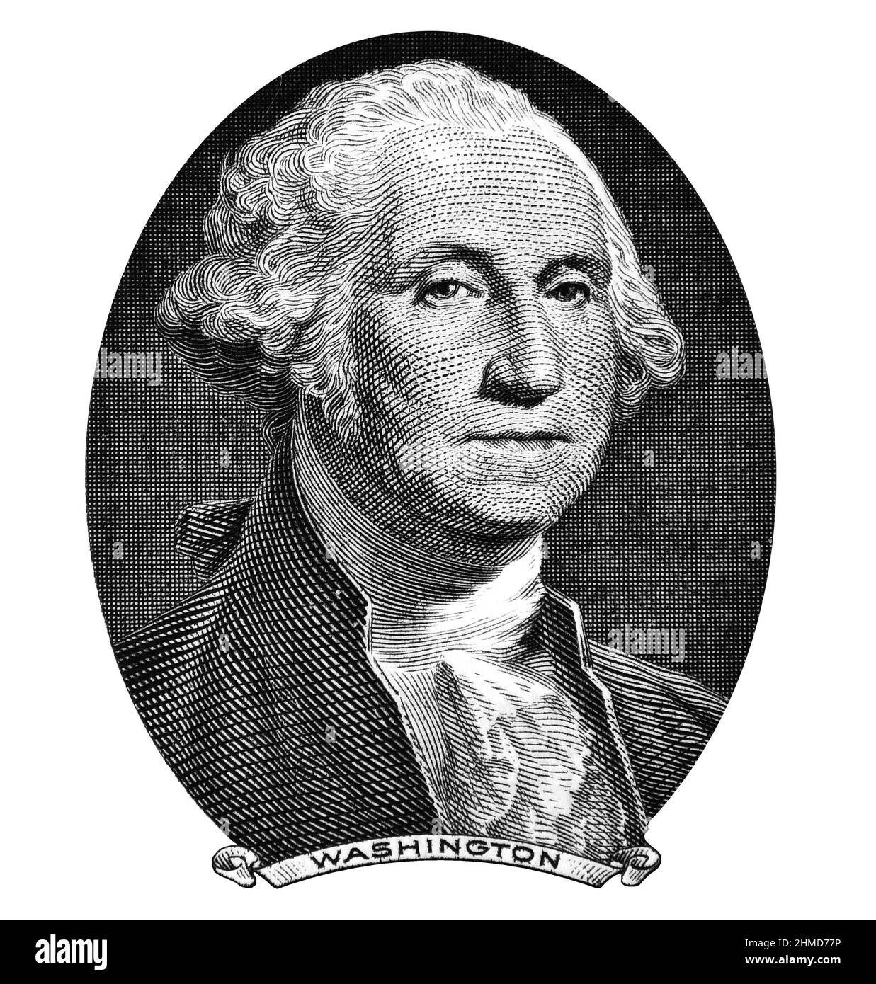 Portrait George Washington taillé sur un billet de 1 dollars isolé sur fond blanc Banque D'Images
