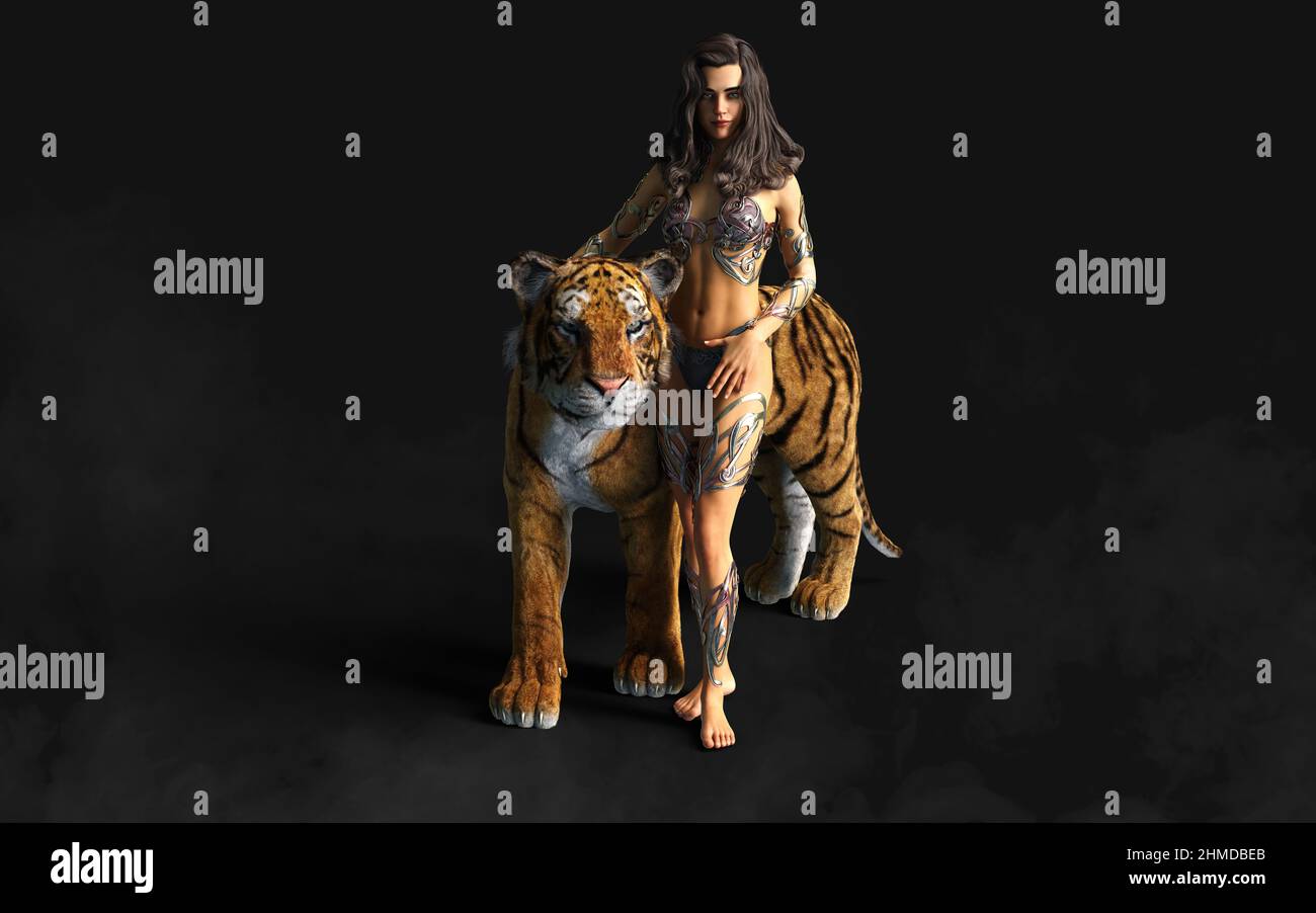 3D Illustration projet de Dame et les Tigres du Bengale pose sur fond noir avec un chemin de coupure. Banque D'Images