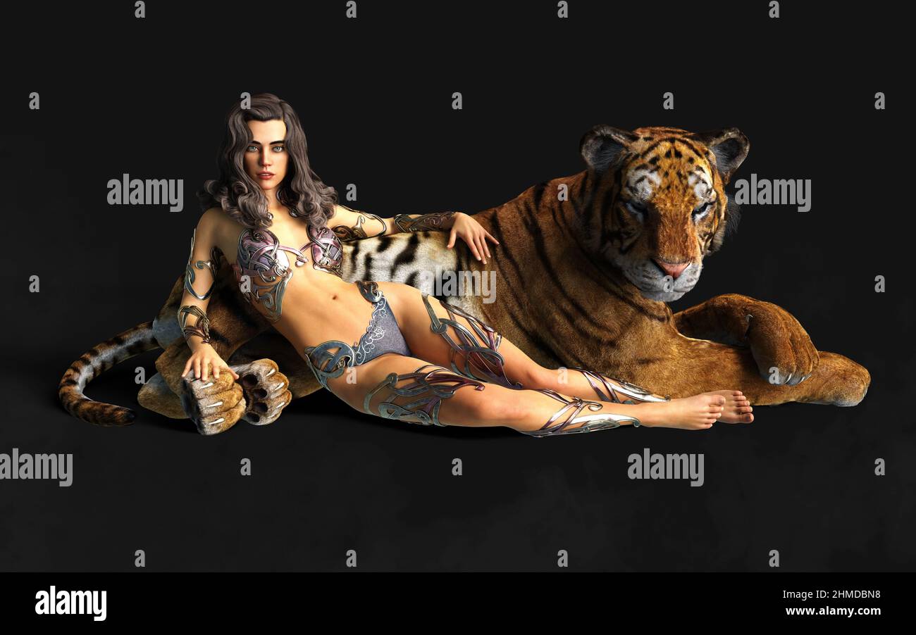 3D Illustration projet de Dame et les Tigres du Bengale pose sur fond noir avec un chemin de coupure. Banque D'Images