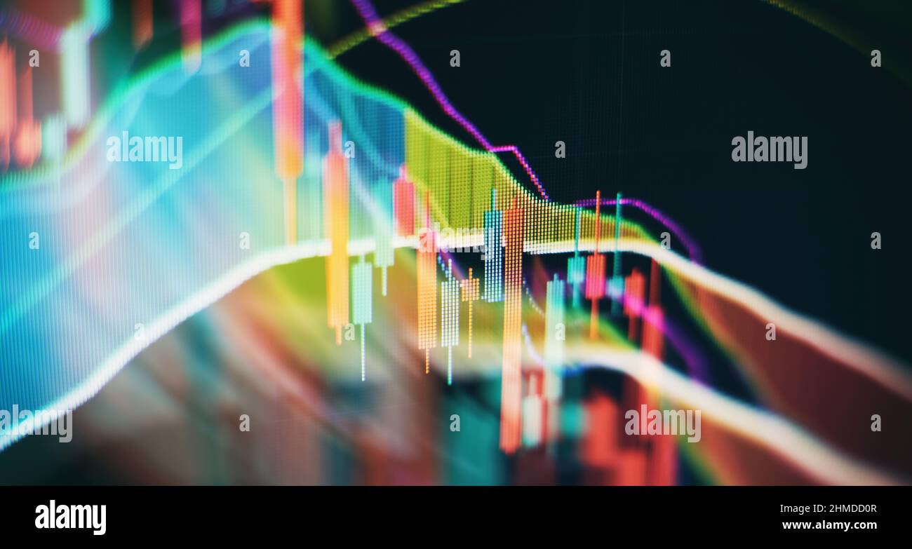 Diagrammes d'instruments financiers avec les différents type d'indicateurs, y compris l'analyse de volume pour les professionnels analyse technique sur le moniteur d'une comp Banque D'Images