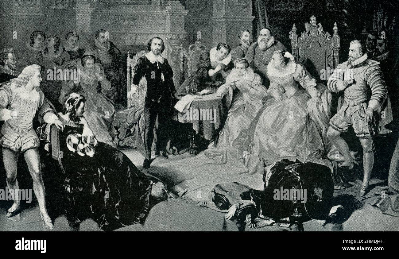 Shakespeare devant la cour de la reine Elizabeth. Il est documenté que la reine Elizabeth était un grand fan du dramaturge, mais, pendant des siècles, les gens se sont demandé si la paire était effectivement venue face à face. William Shakespeare (mort en 1616) était un dramaturge, poète et acteur anglais, largement considéré comme le plus grand écrivain de langue anglaise et le plus grand dramaturge du monde. Il est souvent appelé le poète national d'Angleterre et le « Bard d'Avon ». Banque D'Images