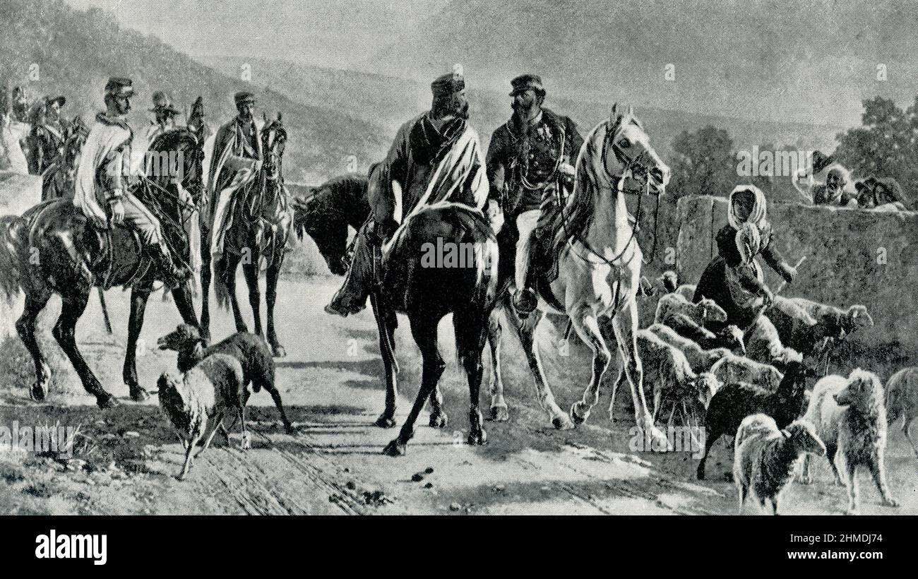 Rencontre de Garabaldi et Victor Emmanuel après l'insurrection italienne. Lorsque les deux se sont réunis à Teano , en Italie, le 26 octobre 1960, Garibaldi a été la première personne à saluer Victor Emmanuel comme roi d'une italie unie. Le roi fit une entrée triomphale à Naples le 7 novembre, et Garibaldi s'assit à côté de lui dans la calèche royale. Mais immédiatement après, l'ancien dictateur est retourné à Caprera, refusant toutes les récompenses qui lui sont remises. Banque D'Images