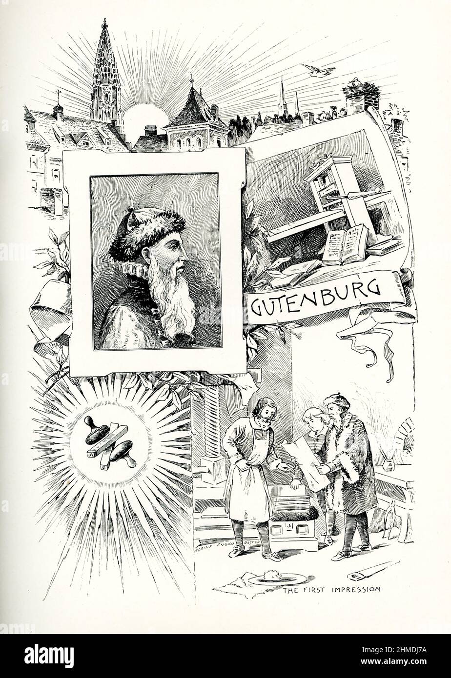 Gutenberg - la première impression. Strassbourg, Allemagne. Il est reconnu pour avoir mis au point une méthode de fabrication du type de métal pour l'impression, il est donc souvent appelé l'inventeur de la presse d'impression et du type mobile. Il est peut-être mieux connu pour son impression de ce qui est connu sous le nom de la Bible de Gutenberg en 1455. Sa réalisation était de développer la technique et de la rendre disponible. Gutenberg (à gauche dans le groupe des trois) se tient ici avec son riche partenaire d'affaires, Johann Fust (à l'extrême droite), et son assistant, Peter Schoeffer (entre les deux), regardant le triomphe de leurs labeurs, le premier prin Banque D'Images