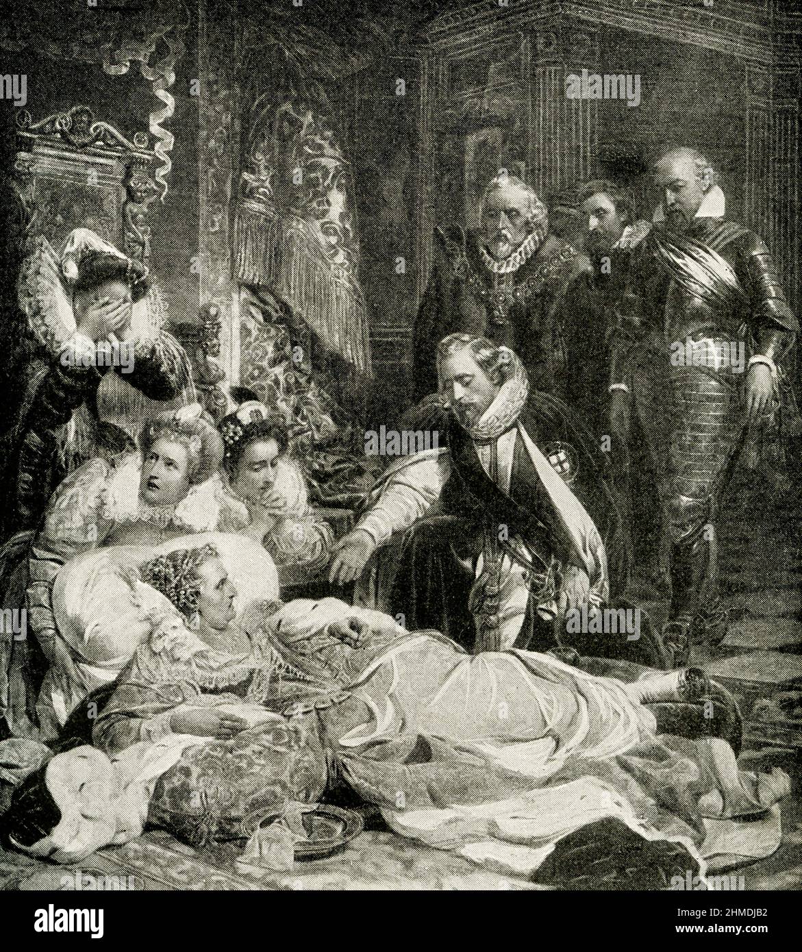 Dernières heures de la reine elizabeth - d'après la peinture de Paul Delaroche: Elizabeth I a été reine d'Angleterre et d'Irlande du 17 novembre 1558 jusqu'à sa mort en 1603. Parfois appelée la Vierge reine, Elizabeth était le dernier des cinq monarques de la Maison de Tudor. Hippolyte Delaroche, communément appelé Paul Delaroche (1797 1856) est un peintre français né à Paris. Banque D'Images