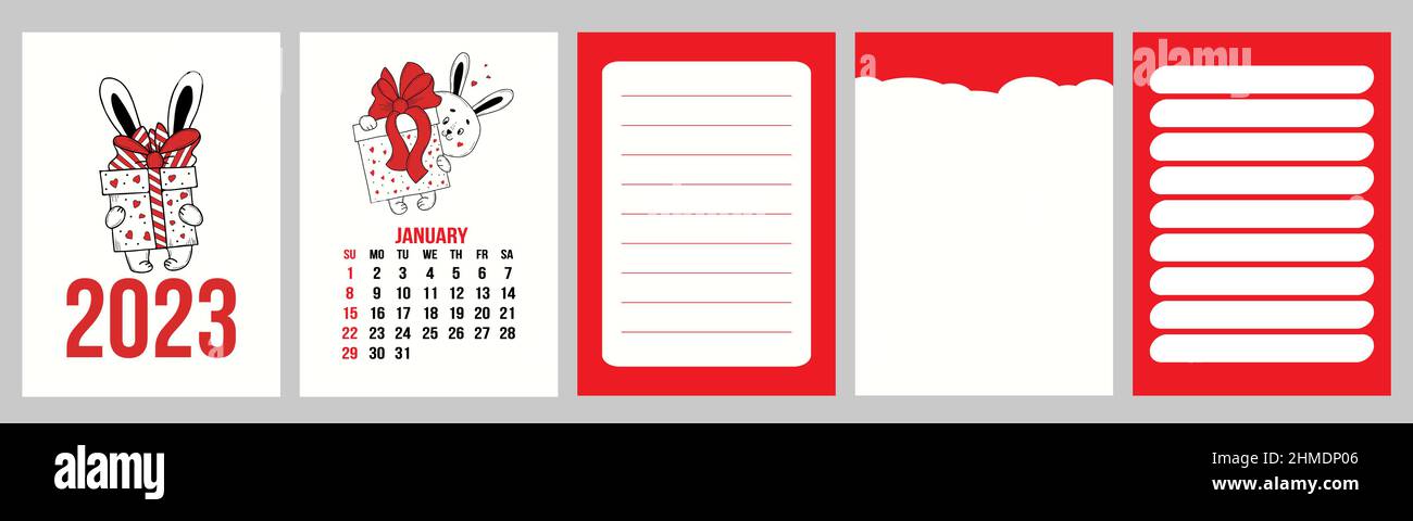 Calendrier 2023 Cadeau Modèle De Calendrier Vertical Pour Janvier 2023 Avec Joli Lapin Avec Des  Pages De Cadeau Et De Planificateur, Des Notes, À Faire. Illustration  Vectorielle. Semaine Du Dimanche Image Vectorielle Stock - Alamy