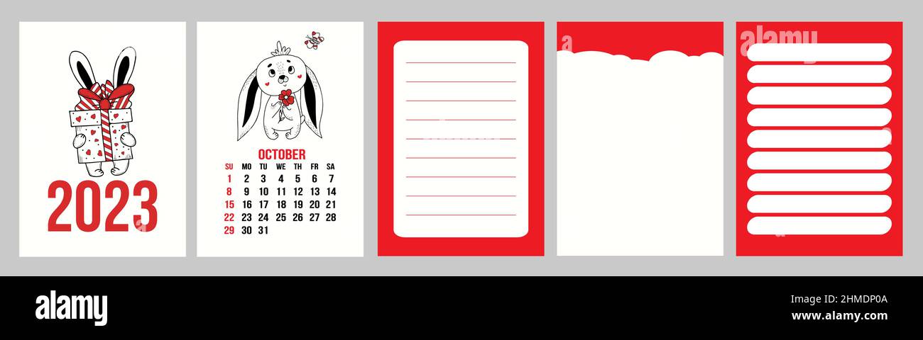 Couverture Calendrier 2023 Grand Ensemble Calendrier Planificateur Avec Couverture Pour Octobre 2023  Avec Joli Lapin Et Pages, Notes, Contrôle Et Liste De Choses À Faire.  Illustration Vectorielle. Semaine Du Dimanche Image Vectorielle Stock -  Alamy
