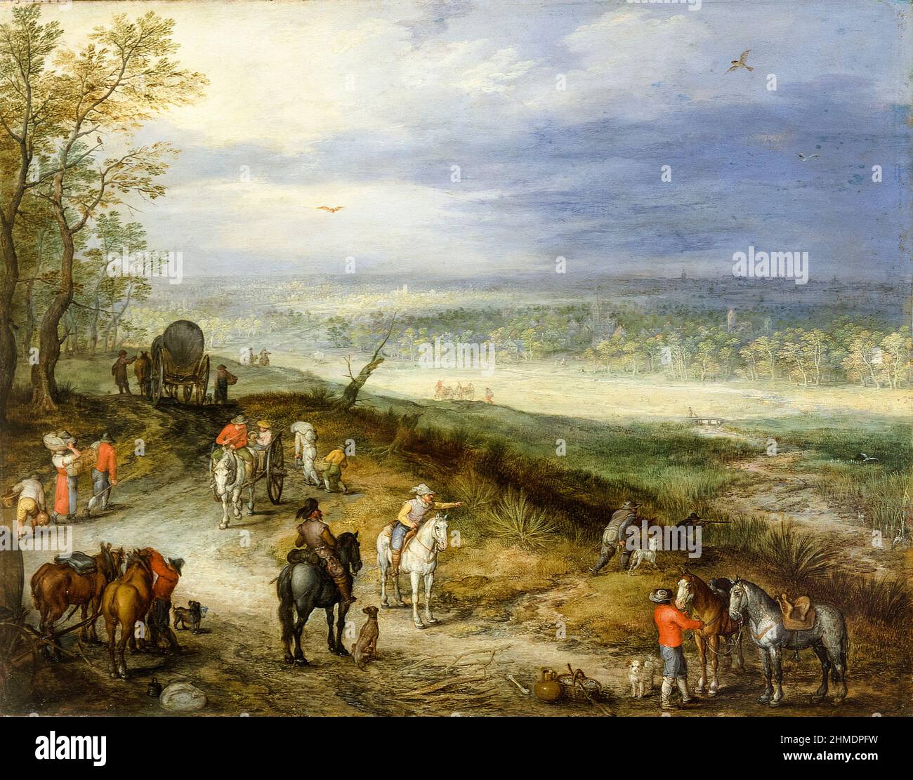 Paysage étendu avec des voyageurs sur une route de campagne, peinture par Jan Brueghel The Elder, 1608-1610 Banque D'Images