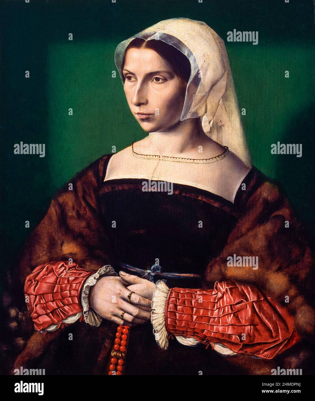 Portrait d'Anne Stafford, dame en attente de Catherine d'Aragon, peinture du 16th siècle par Ambrosius Benson, vers 1535 Banque D'Images