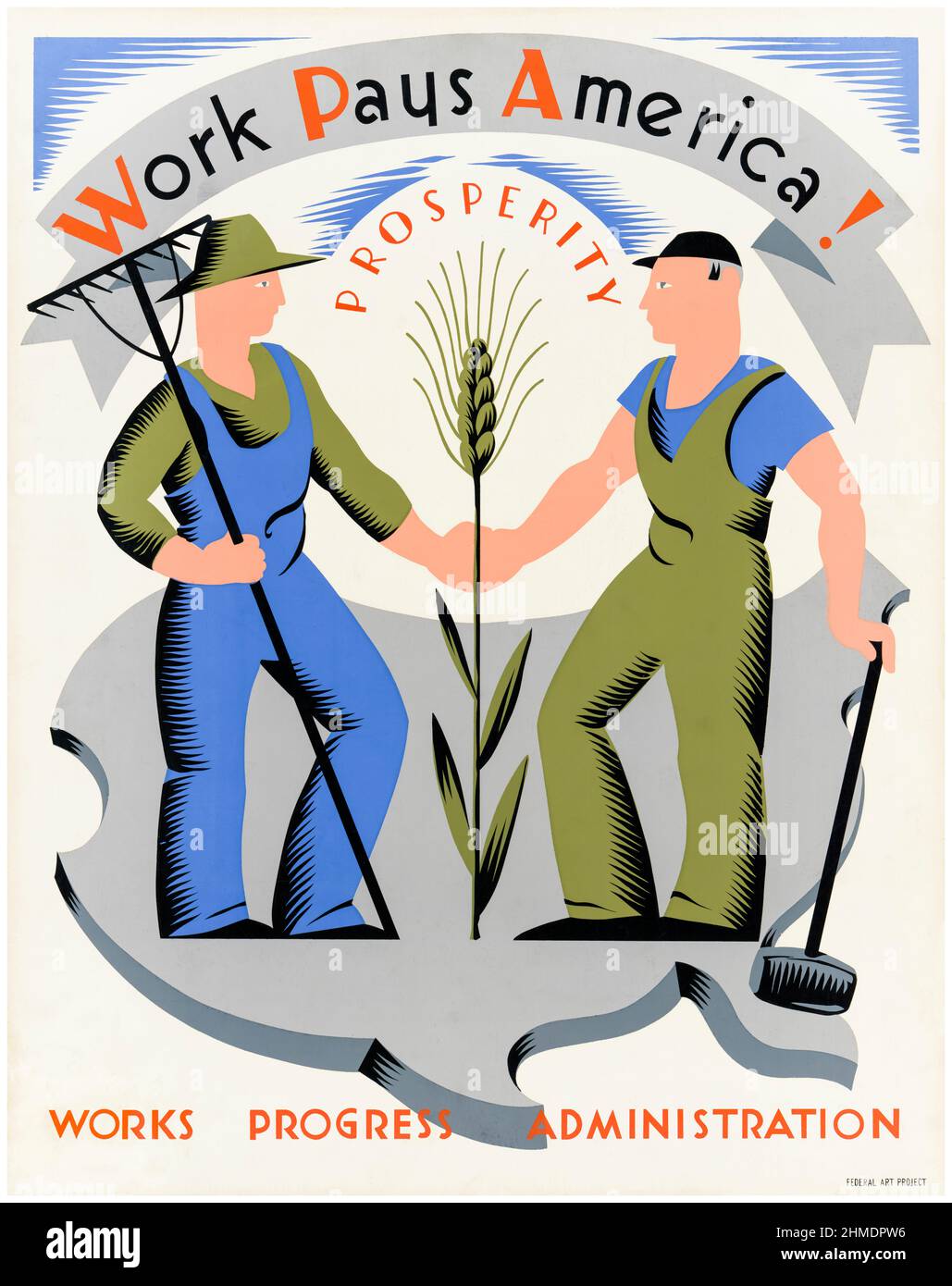 Work paie America!, Prosperity, (agriculteur et ouvrier), affiche américaine de promotion de la croissance économique par le travail de l'artiste Vera Bock, 1936-1941 Banque D'Images