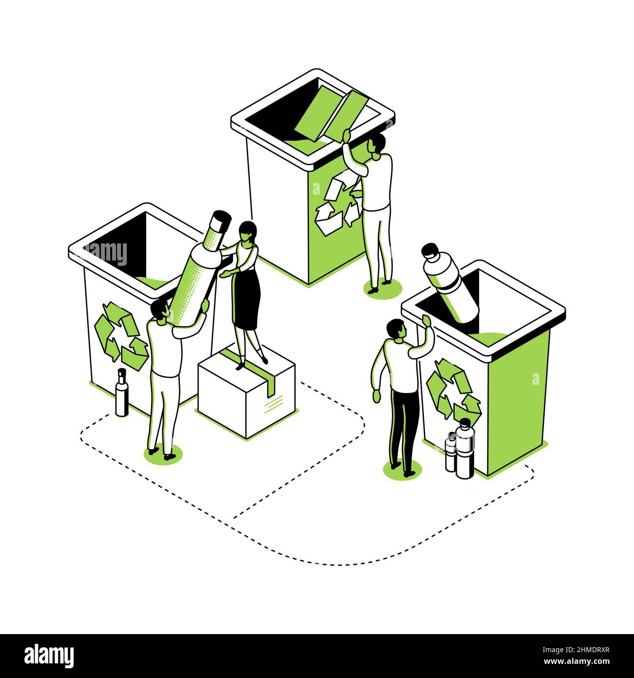 Recyclage - illustration de style de conception d'isométrie de ligne moderne. Image détaillée en vert avec des personnages masculins et féminins triant les déchets, en laissant tomber pl Illustration de Vecteur Recyclage - illustration de style de conception d'isométrie de ligne moderne. Image détaillée en vert avec des personnages masculins et féminins triant les déchets, en laissant tomber pl Illustration de Vecteur