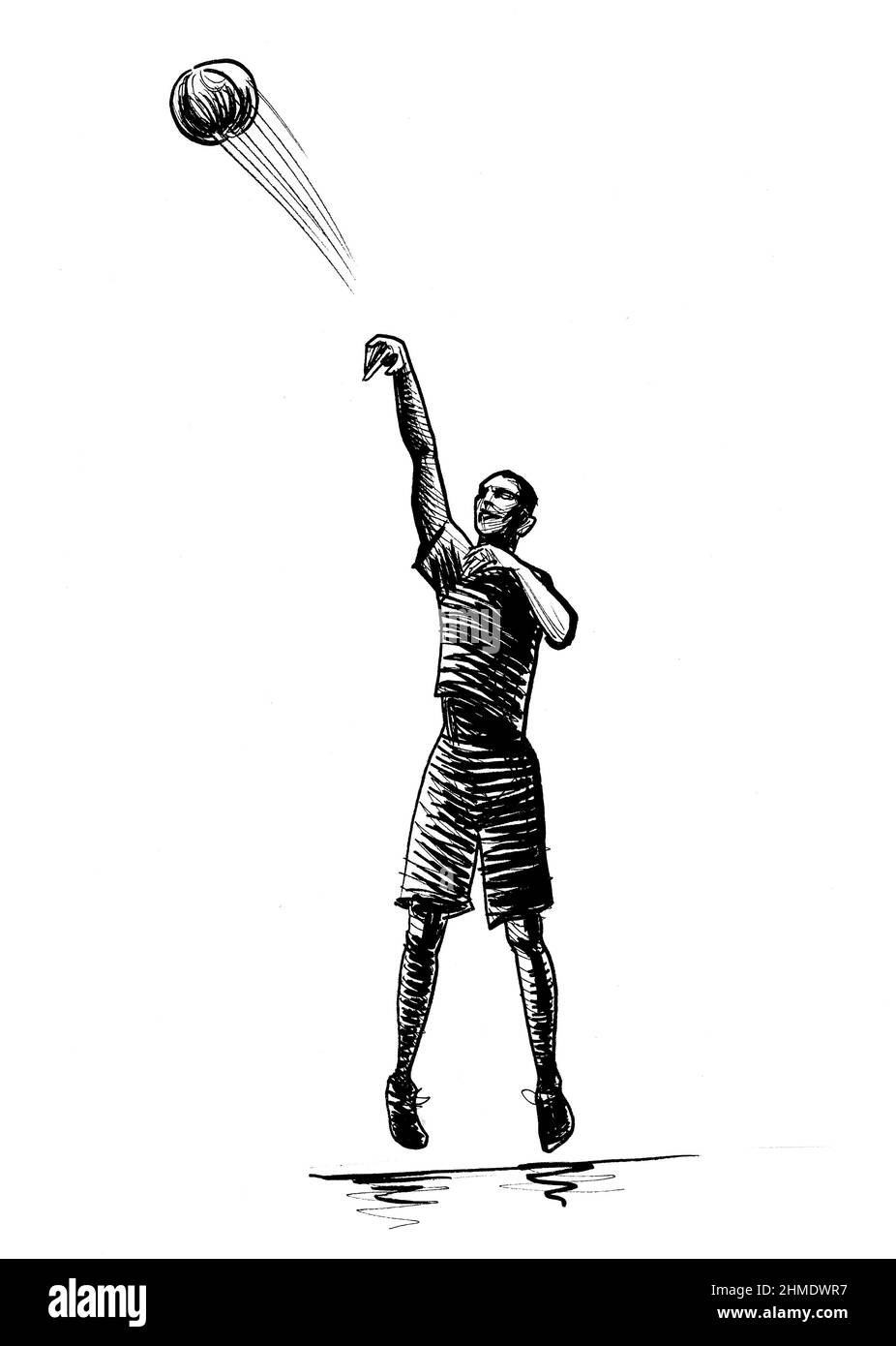 Homme qui lance une balle de basket-ball. Dessin noir et blanc Banque D'Images