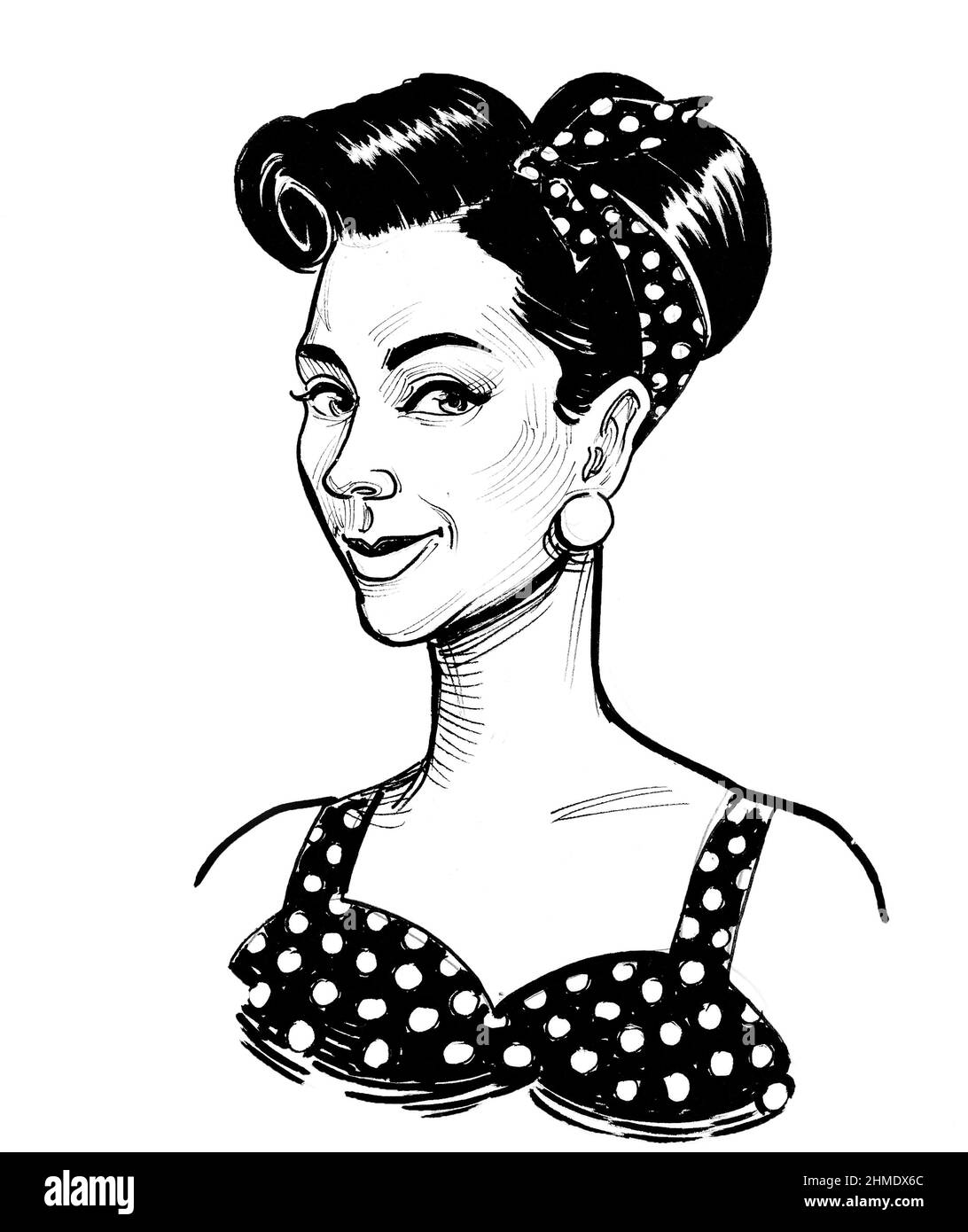 Belle femme pinup. Dessin noir et blanc Banque D'Images