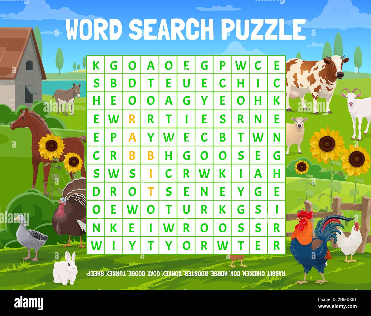 Agriculture agriculture mot puzzle feuille de travail jeu, dessin animé vecteur animaux de ferme