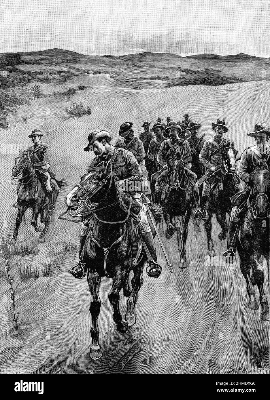 Illustration en noir et blanc; cavalerie sud-africaine britannique à Matabeleland, suivi des forces du roi Lobengula, octobre 1893 Banque D'Images