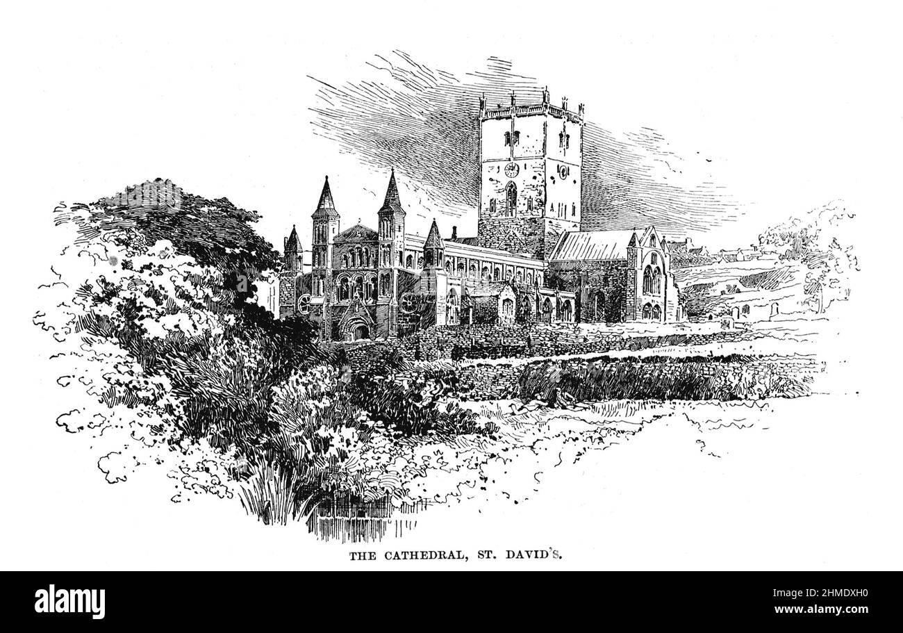 Illustration en noir et blanc; Cathédrale St David, Pembrokeshire, pays de Galles, vers 1895 Banque D'Images
