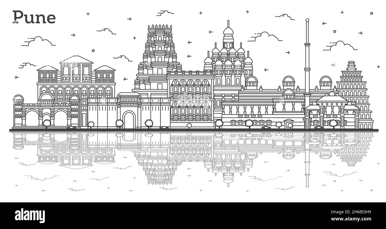 Outline Pune India City Skyline avec réflexions et bâtiments historiques isolés sur le blanc. Illustration vectorielle. Pune Maharashtra Cityscape. Illustration de Vecteur