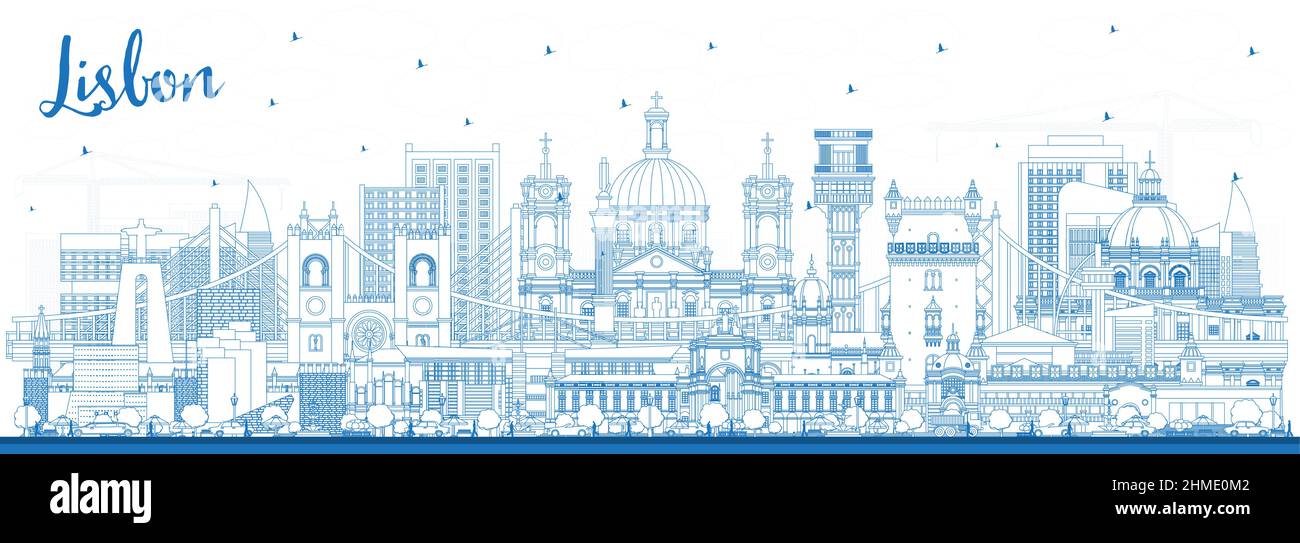 Outline Lisbonne Portugal City Skyline avec Blue Buildings. Illustration vectorielle. Magnifique paysage urbain de Lisbonne avec des monuments. Illustration de Vecteur