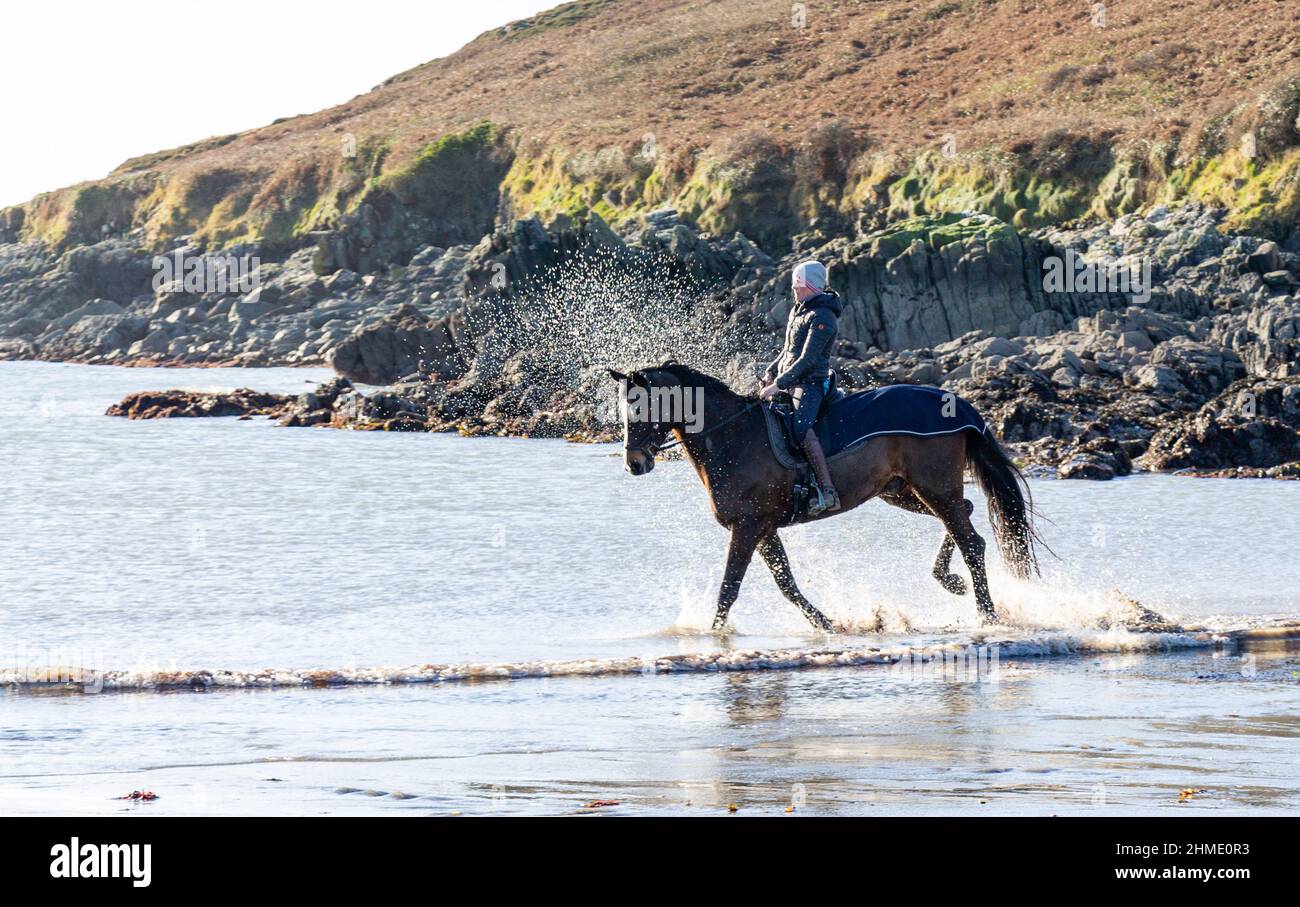 Femme en Silhouette ou cheval rétro-éclairé par le surf Banque D'Images