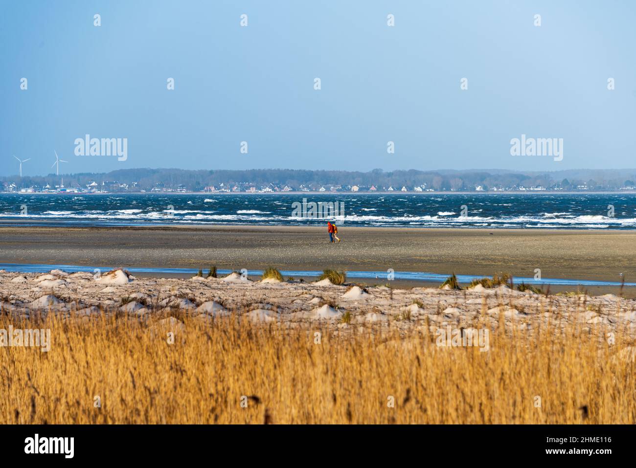 Wintersturm an der Kieler Förde, ein Weststurm Hat das Wasser aus der Kieler Förde in die Ostsee gedrückt, Spaziergänger genießen die Eindrücke. Banque D'Images