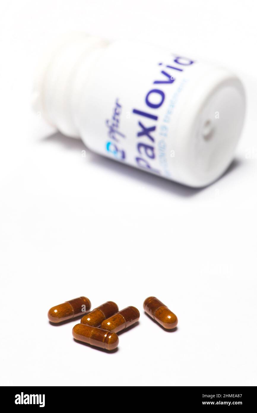 Bucarest, Roumanie - 1 février 2022 : image éditoriale illustrative de la pilule antivirale orale Paxlovid développée par Pfizer. Virus Corona COV Banque D'Images