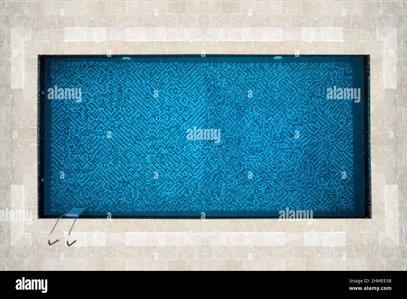 vue de dessus d'une belle piscine rectangulaire idyllique avec mosaïque bleue au fond Banque D'Images