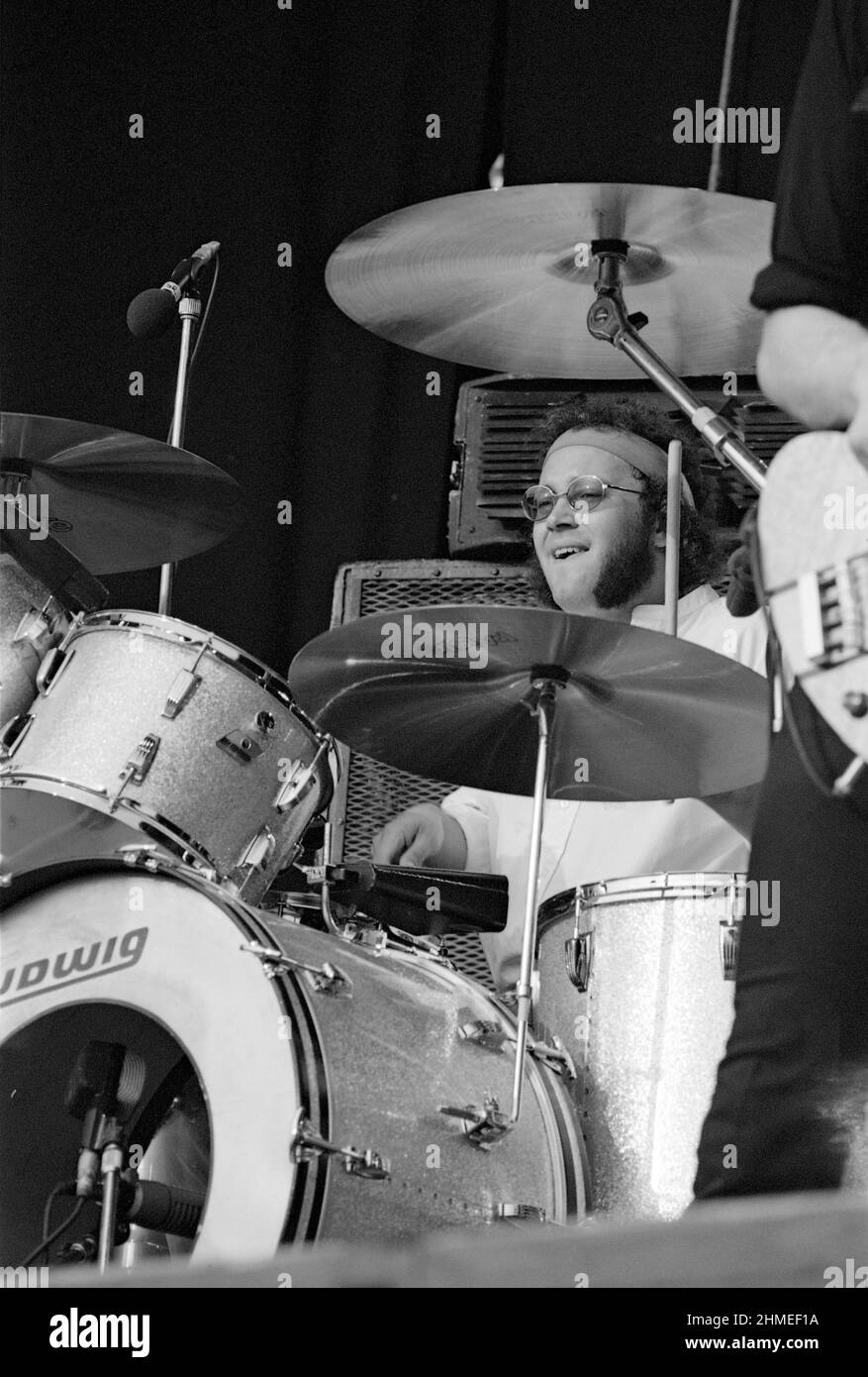 Le batteur anglais Ian Paice se présentant avec Gary Moore au Reading Festival 1982, en Angleterre. Banque D'Images