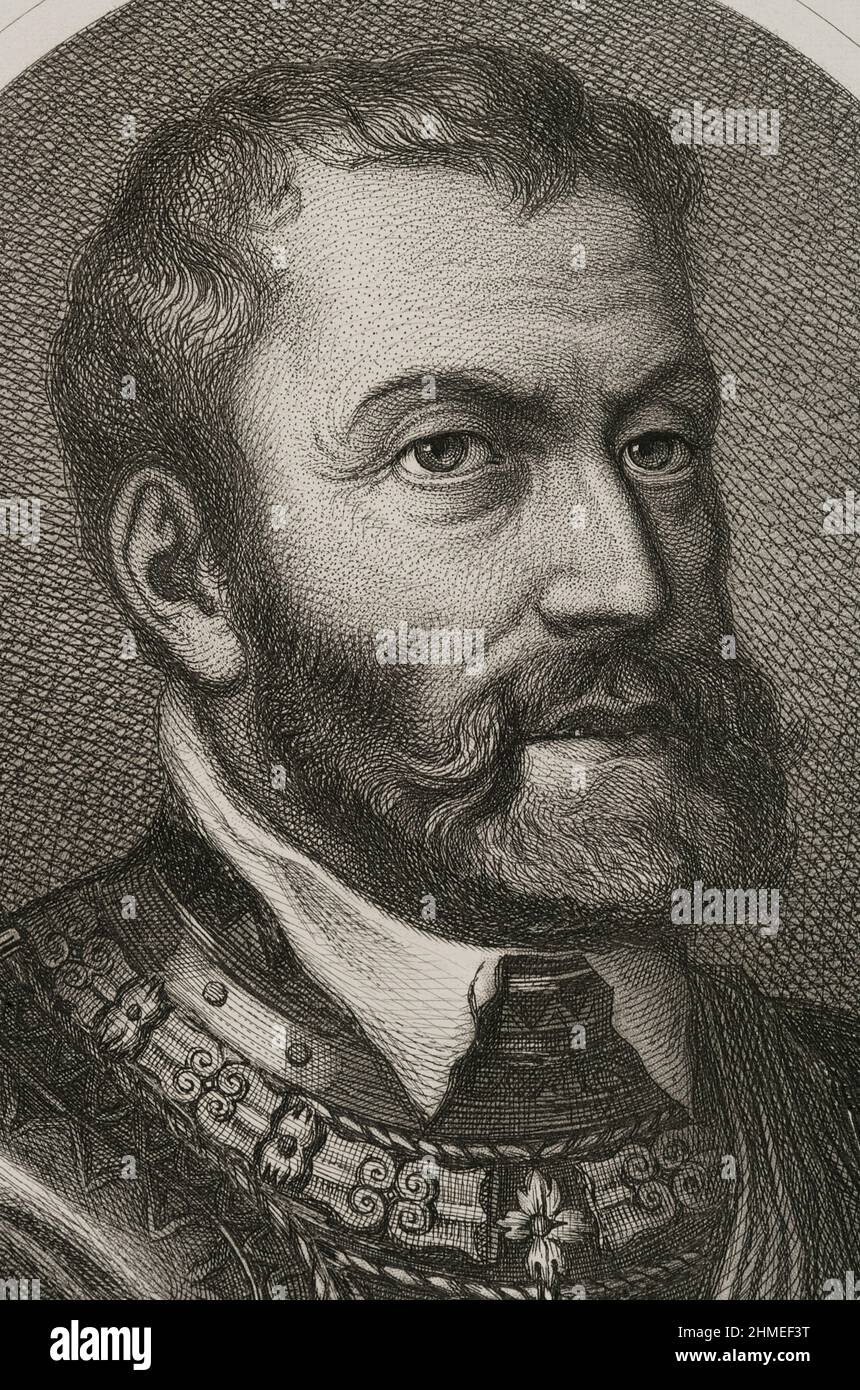 Charles V (1500-1558). Saint empereur romain et archiduc d'Autriche (1519-1556), roi d'Espagne (1516-1556) et seigneur des pays-Bas comme duc de Bourgogne (1506-1555). Portrait. Gravure par Masson. Lithographiée par Magín Pujadas. Détacher. 'Historia général de España', par Modesto Lafuente. Volume II Publié à Barcelone, 1879. Banque D'Images