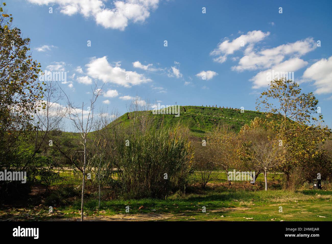 Colline verte sous ciel bleu avec nuages blancs Banque D'Images