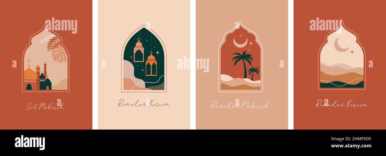 Collection de fenêtres et d'arches islamiques de style oriental au design boho moderne, lune, dôme de mosquée et lanternes Illustration de Vecteur