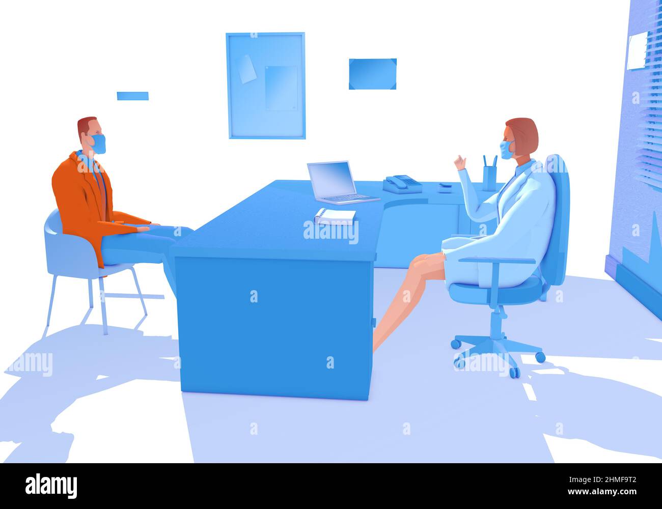 Illustration d'un médecin dans son bureau qui s'est présenté à un patient, à un hôpital et à un centre médical. Vue latérale, 3D couleurs imitant le style plat. Banque D'Images