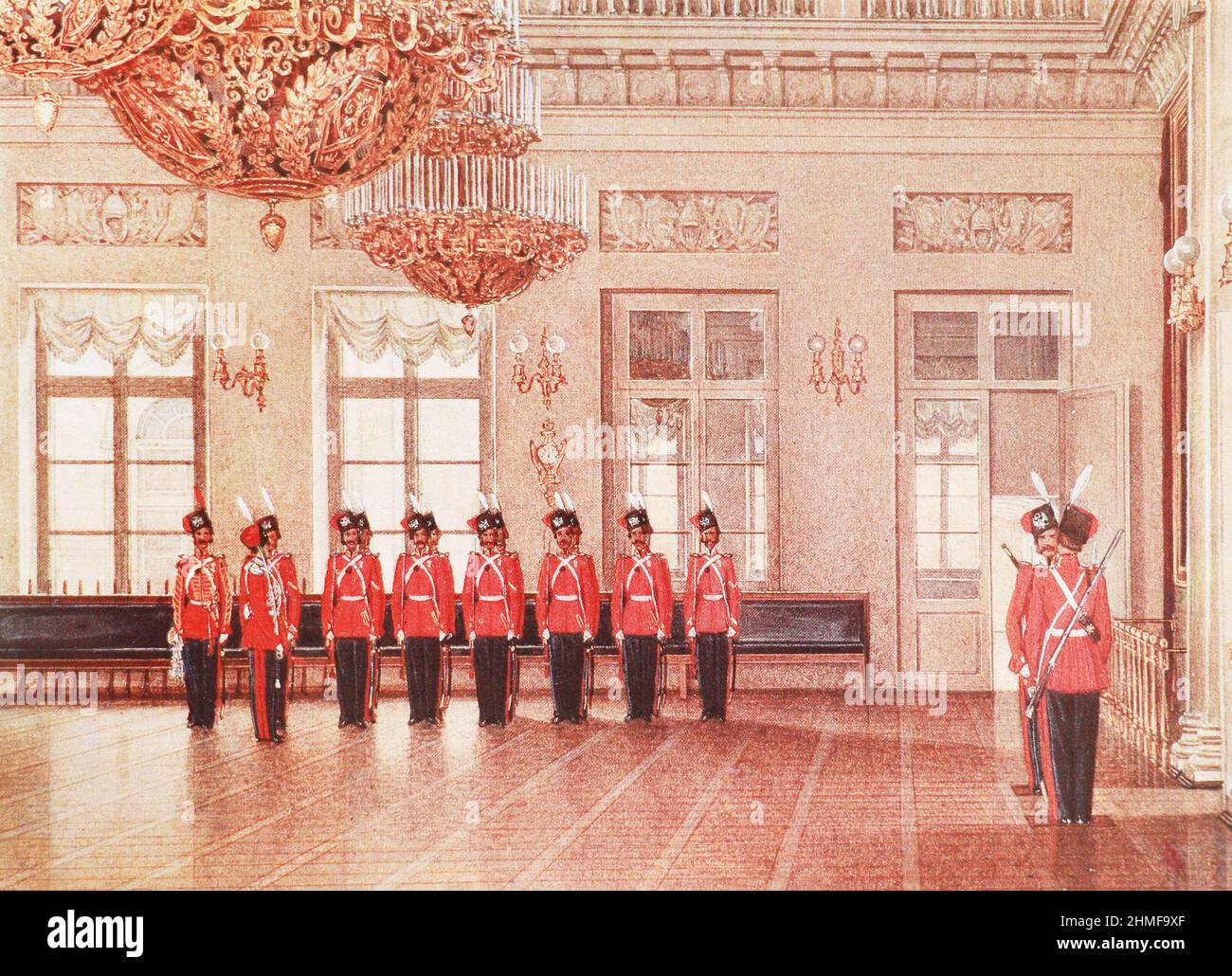 Garde des gardes de vie du régiment de cosaques au Palais d'hiver en 1866. Banque D'Images