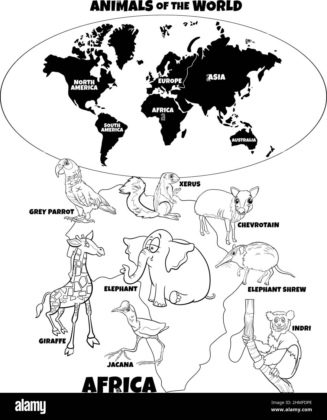 Illustration pédagogique en noir et blanc avec dessin animé des espèces animales africaines et carte du monde avec des formes de continents page de livre de coloriage Illustration de Vecteur