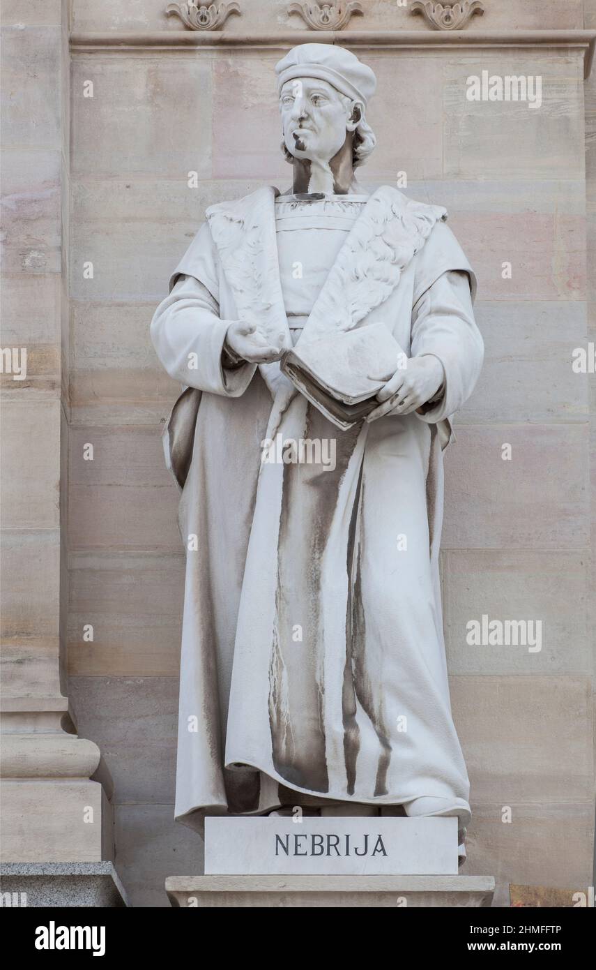 Sculpture d'Antonio de Nebrija. Bibliothèque nationale d'Espagne, Madrid. Humaniste espagnol du 16th siècle et premier gramme espagnol Banque D'Images