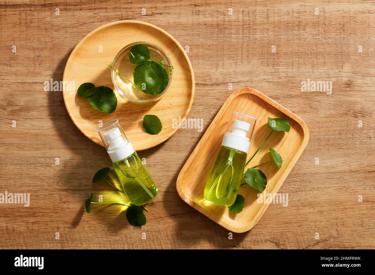 Extrait de Centella asiatica et modèle de pot cosmétique en planche à découper en bois et un fond en bois marron pour la publicité centella asiatica , top vie Banque D'Images