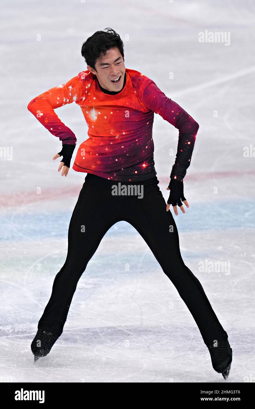 Pékin, Chine. 10th févr. 2022. Nathan Chen, des États-Unis, se produit lors de la finale de patinage artistique masculin dans le stade intérieur de la capitale aux Jeux olympiques d'hiver de Beijing 2022, le jeudi 10 février 2022. Nathan Chen a remporté la médaille d'or, Yuma Kagiyama du Japon, la médaille d'argent et Shoma Uno du Japon, la médaille de bronze. Photo de Richard Ellis/UPI crédit: UPI/Alay Live News Banque D'Images