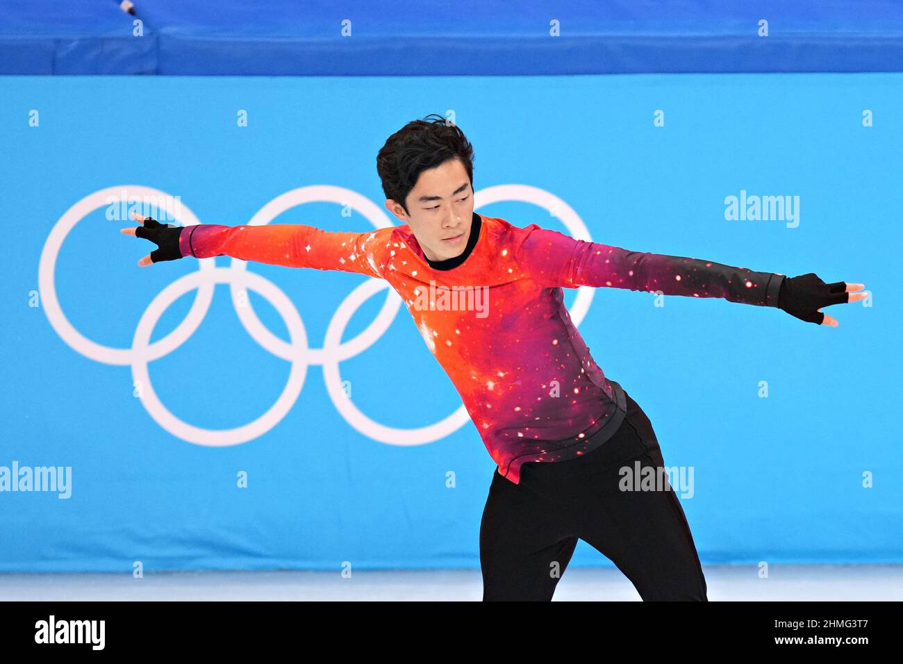 Pékin, Chine. 10th févr. 2022. Nathan Chen, des États-Unis, se produit lors de la finale de patinage artistique masculin dans le stade intérieur de la capitale aux Jeux olympiques d'hiver de Beijing 2022, le jeudi 10 février 2022. Chen a remporté la médaille d'or, Yuma Kagiyama, du Japon, la médaille d'argent et Shoma Uno, du Japon, la médaille de bronze. Photo de Richard Ellis/UPI crédit: UPI/Alay Live News Banque D'Images