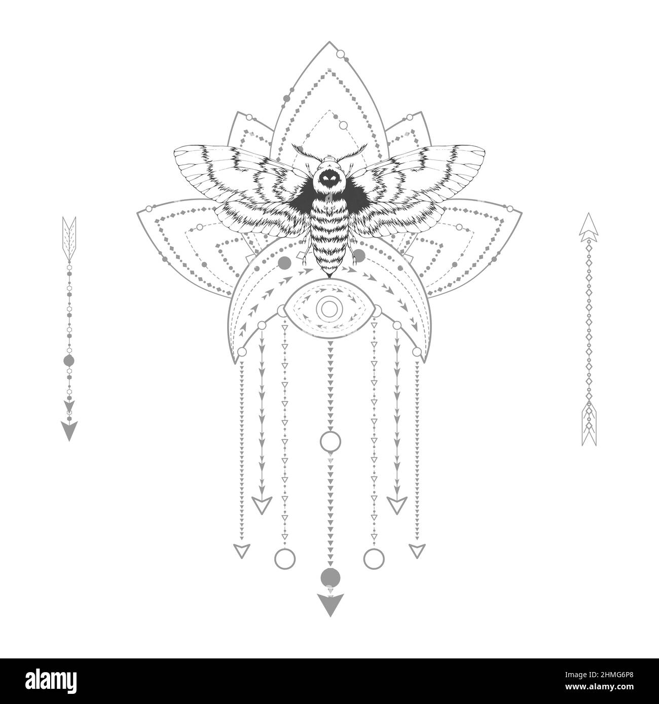 Illustration vectorielle avec papillon de tête mort dessiné à la main et symbole géométrique Sacré sur fond blanc. Signe mystique abstrait. Forme linéaire noire. Pour vous Illustration de Vecteur