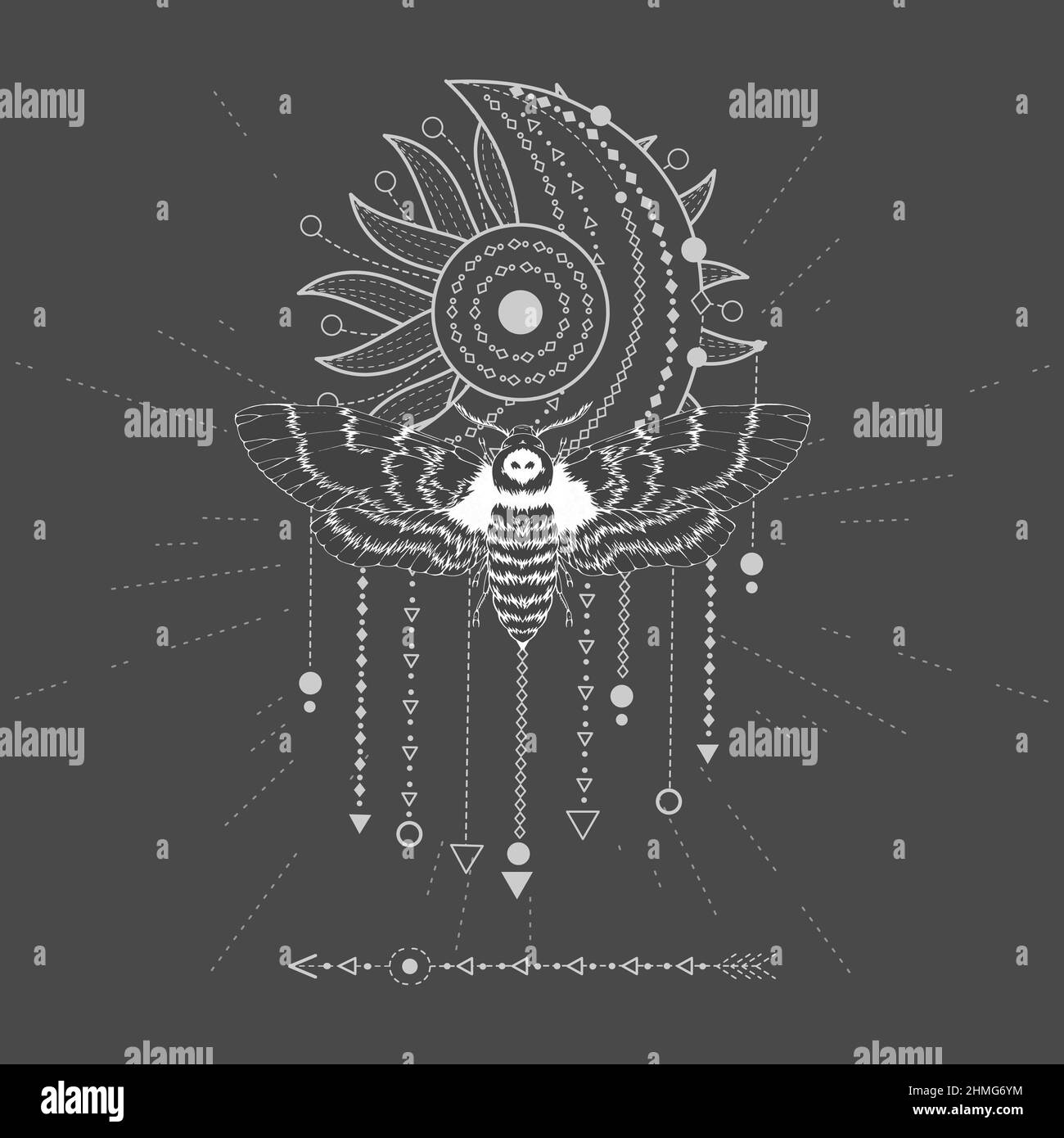 Illustration vectorielle avec papillon dessiné à la main tête morte et symbole Sacré sur fond noir. Signe mystique abstrait. Forme linéaire blanche. Pour vous desig Illustration de Vecteur