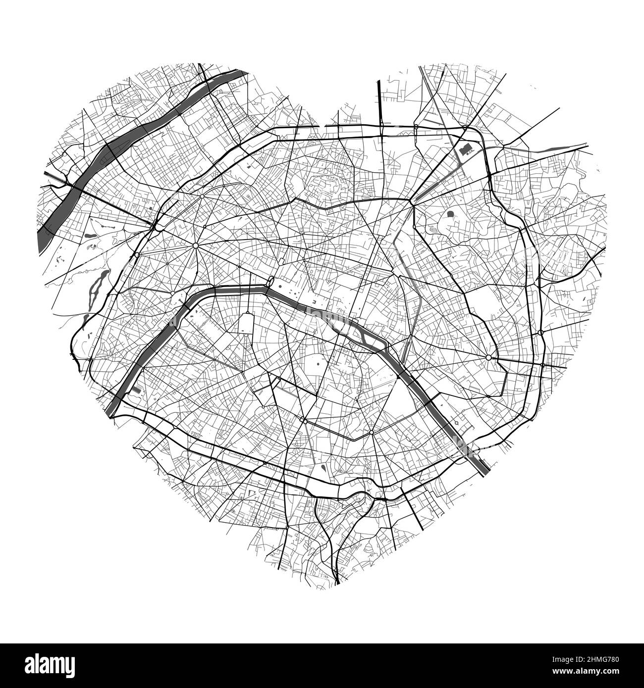 Carte vectorielle de la ville de Paris en forme de coeur. Illustration en noir et blanc. Routes, rues, rivières. Illustration de Vecteur
