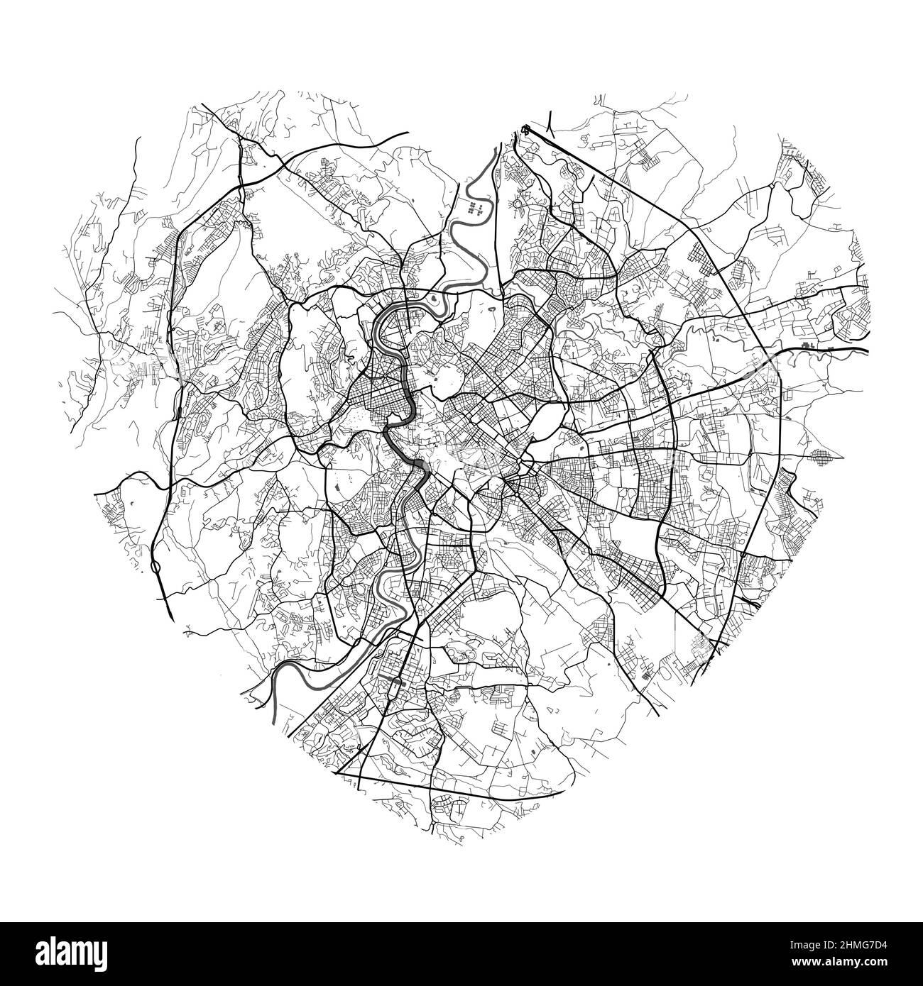 Carte vectorielle de la ville de Rome en forme de cœur. Illustration en noir et blanc. Routes, rues, rivières. Illustration de Vecteur
