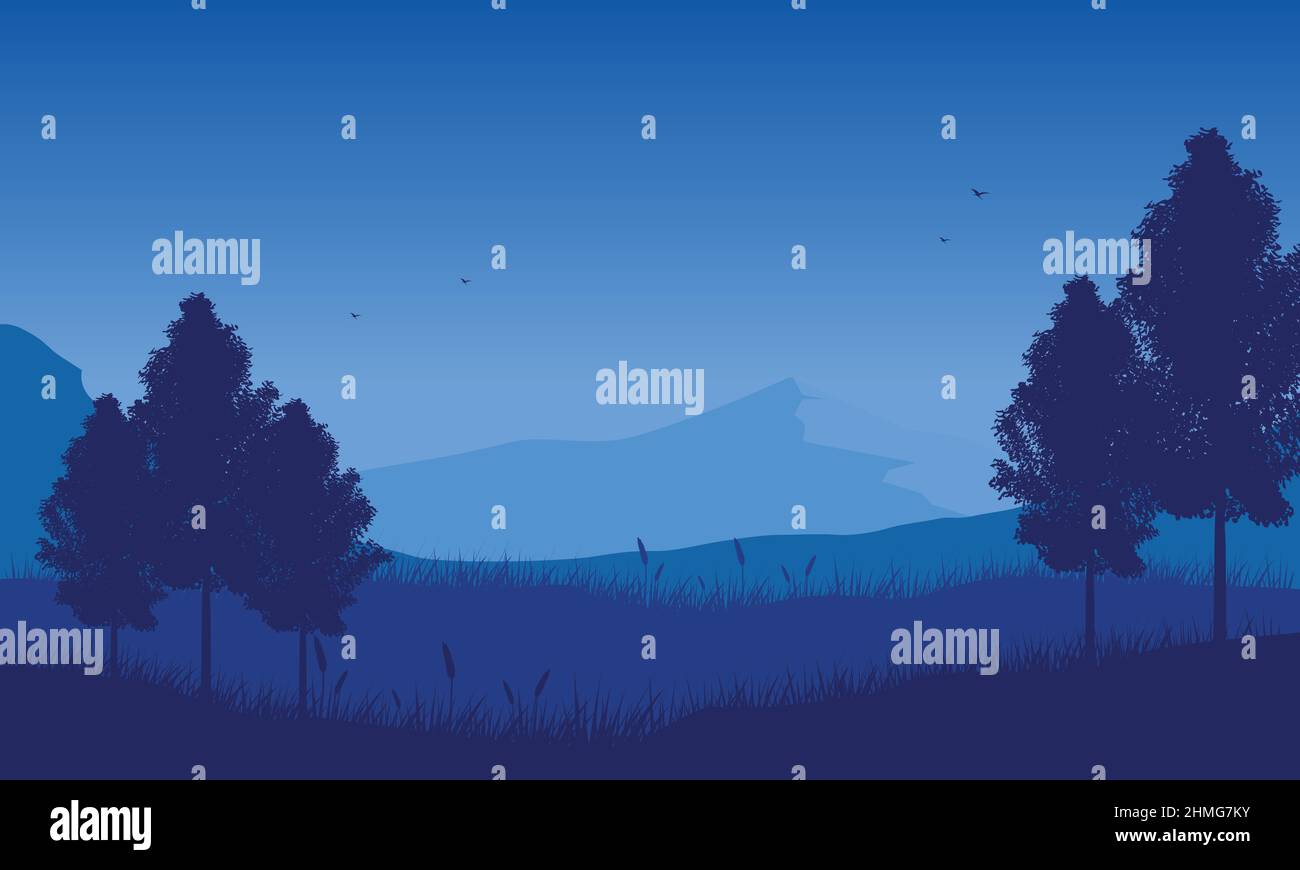 Paysage de montagne avec une silhouette esthétique de branches de sapin la nuit.illustration vectorielle d'une ville Illustration de Vecteur