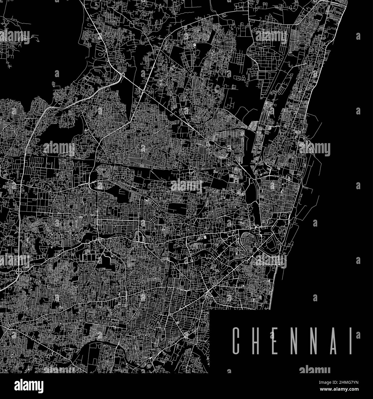 Affiche de carte vectorielle de la province de Chennai. Carte routière linéaire carrée de la municipalité de l'Inde, zone administrative municipale, lignes blanches sur fond noir, wi Illustration de Vecteur