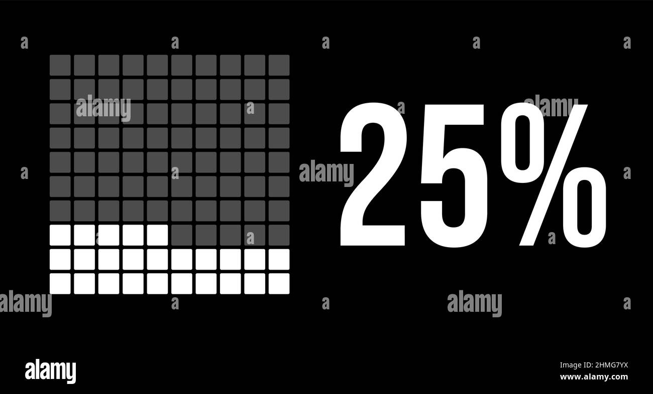 diagramme de 25 pour cent, infographie de vecteur de vingt-cinq pour cent. Rectangles arrondis formant un graphique carré. Couleur blanche sur fond noir. Illustration de Vecteur