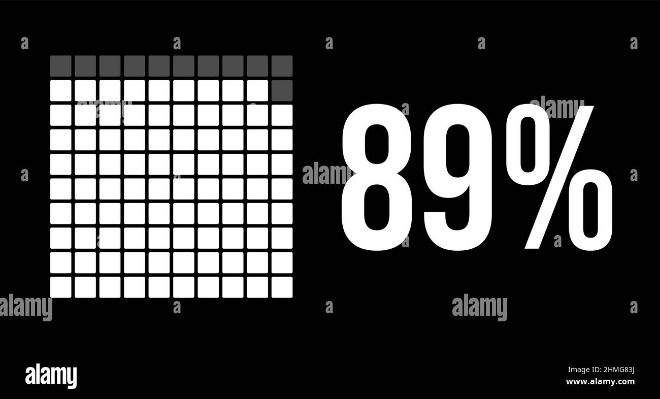 diagramme de 89 pour cent, infographie de vecteur de quatre-vingt-neuf pour cent. Rectangles arrondis formant un graphique carré. Couleur blanche sur fond noir. Illustration de Vecteur