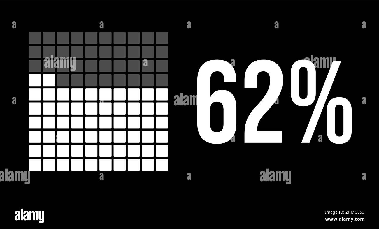 diagramme de 62 pour cent, infographie de vecteur de soixante-deux pour cent. Rectangles arrondis formant un graphique carré. Couleur blanche sur fond noir. Illustration de Vecteur