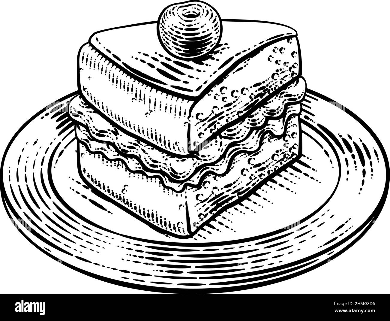 Gâteau Eponge Slice Jam Cream Woodcut dessin Illustration de Vecteur
