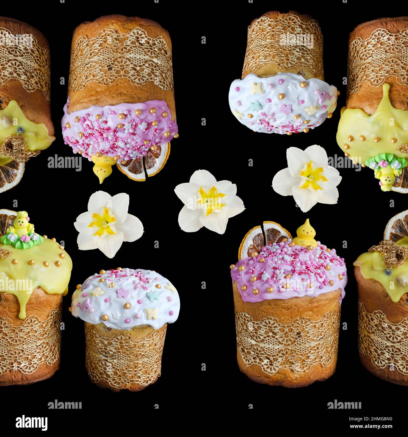 Motif sans couture avec différents gâteaux de Pâques et fleurs printanières sur fond carré noir. Le concept de Pâques lumineuses Banque D'Images