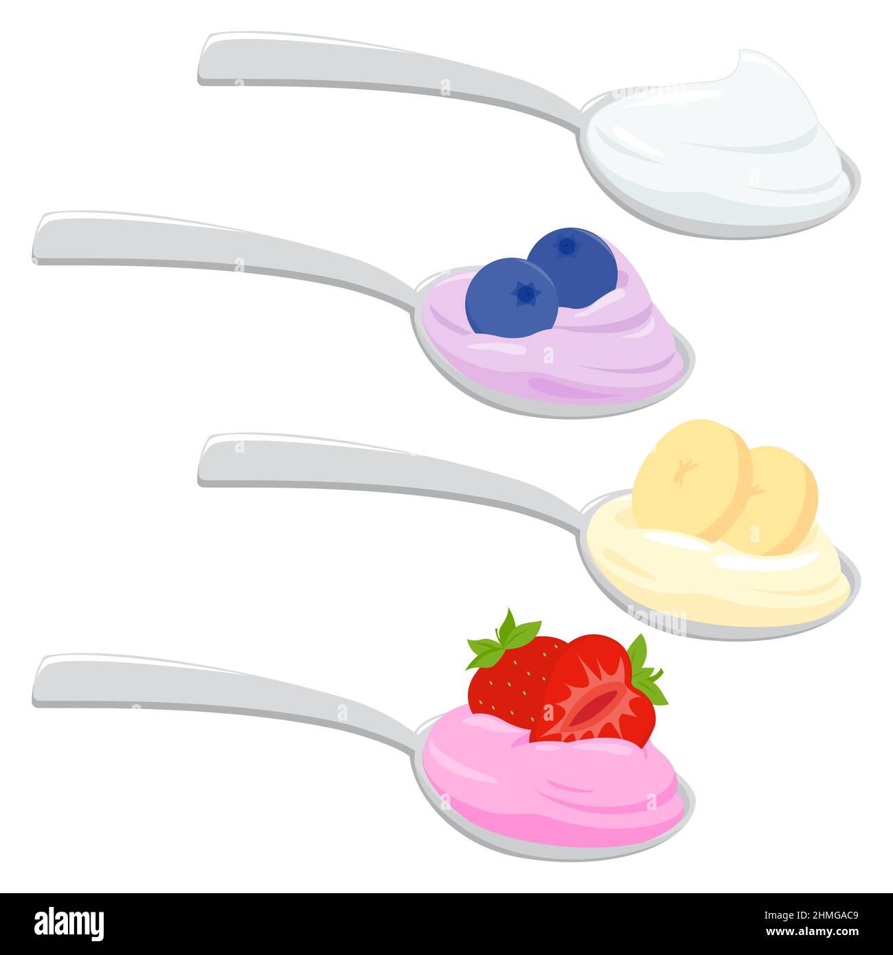 Cuillères avec yaourt aux fruits ou crème. Banque D'Images
